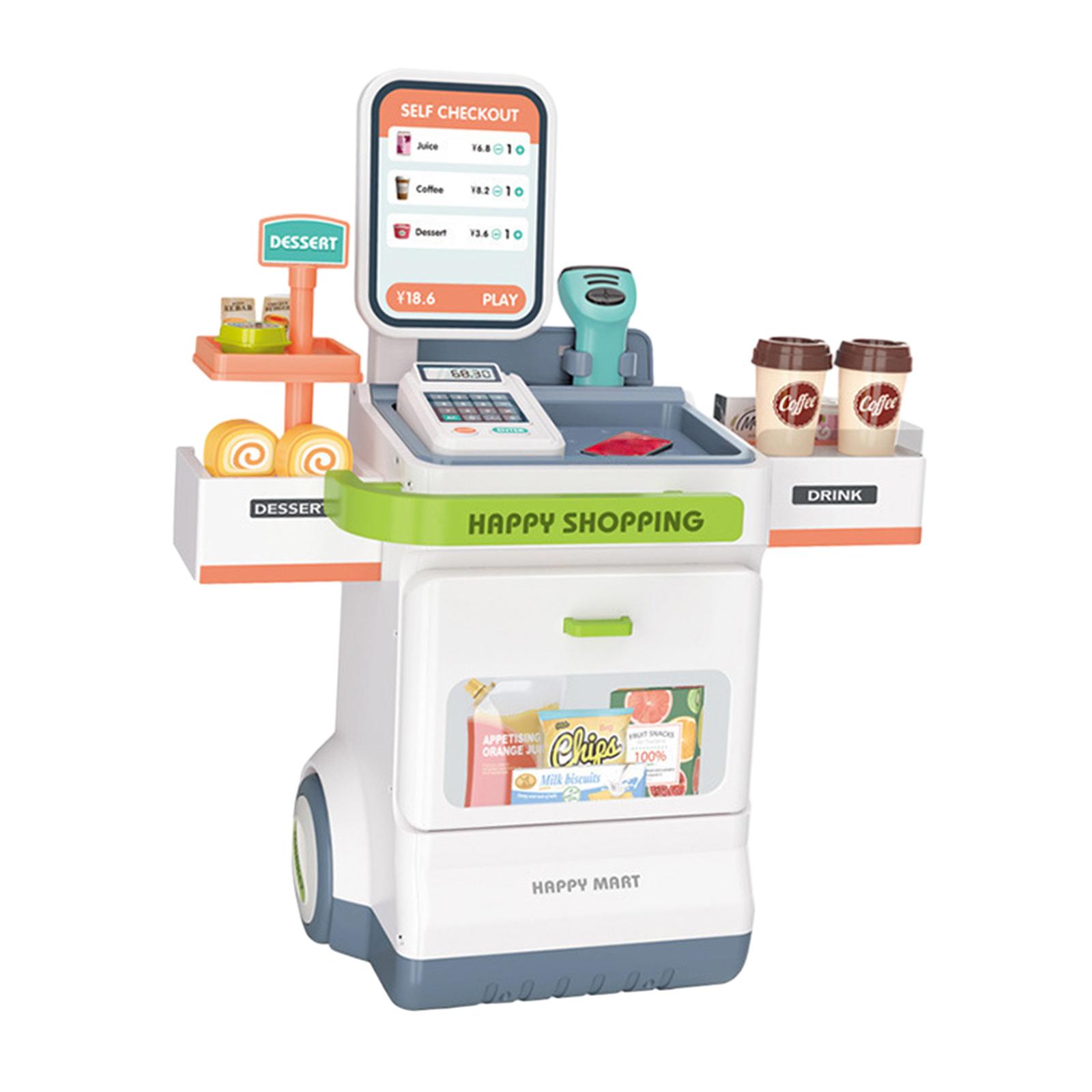Toy Cash Register - ชุดของเล่นจำลองการเล่นเป็นพนักงานแคชเชียร์ซูเปอร์มาร์เก็ตสำหรับเด็ก พร้อมเครื่องคิดเงิน เครื่องสแกน แสงไฟ และเสียง ทำจากพลาสติก