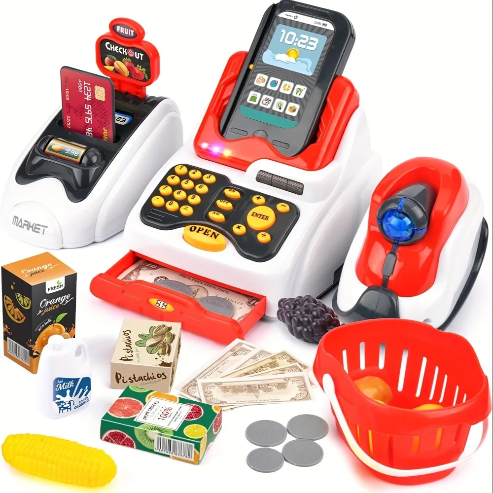 Toy Cash Register - 33 ชิ้นของเล่นลงทะเบียนเงินสดสําหรับเด็กที่มีเครื่องสแกนเนอร์ชําระเงินผลไม้เครื่องอ่านบัตรเครดิตเล่นเงินอาหารช้อปปิ้งเล่นชุด
